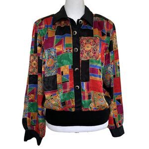 Vintage 90s Multicolor Geometric Satin Blouse Pullover Size M